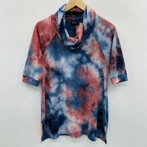 Misia Fashion Womens Size Small Cowl Neck Tie Dye Waffle Knit Top Blue Red 1135